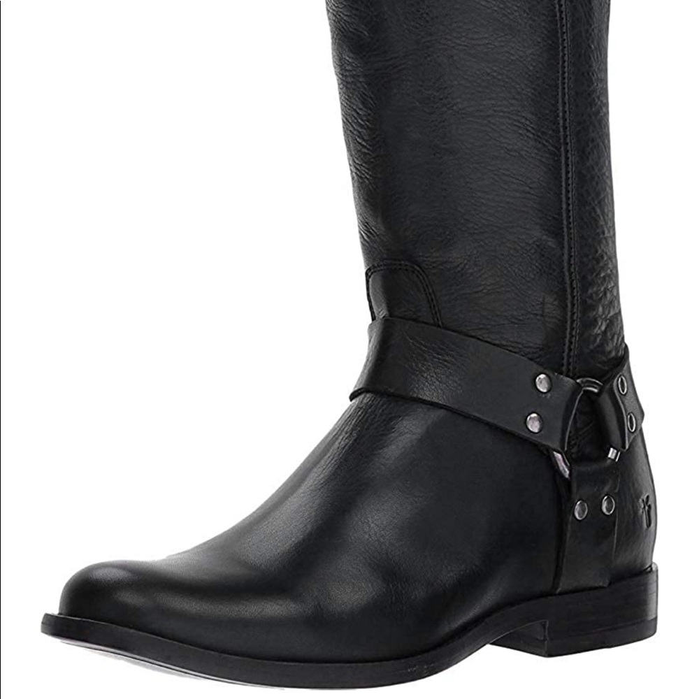Frye Phillip Harness tall boots, black leather, size 8